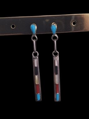Southwestern Dangle Earrings Zuni "Tower" Verna Blackgoat Marked "Sterling" VTG
